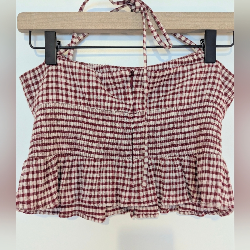 Reformation Gingham Print Halter Peplum Top Burgundy Red Cream - Size 0 - Picture 4 of 7